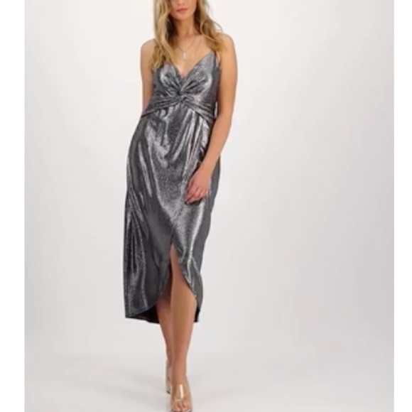 NWT Bar III Silver Metallic Faux Wrap Dress Flowy V-Neck Cocktail Party Dress - Picture 2 of 14